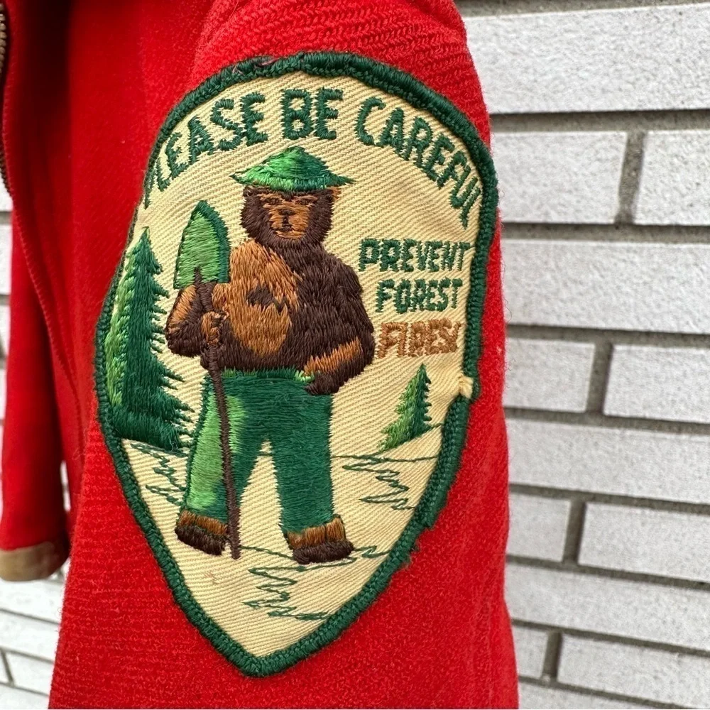 Vintage Woolrich Red Wool Boy Scouts Jacket Sz 10 Smokey Bear Patch Broken Zip